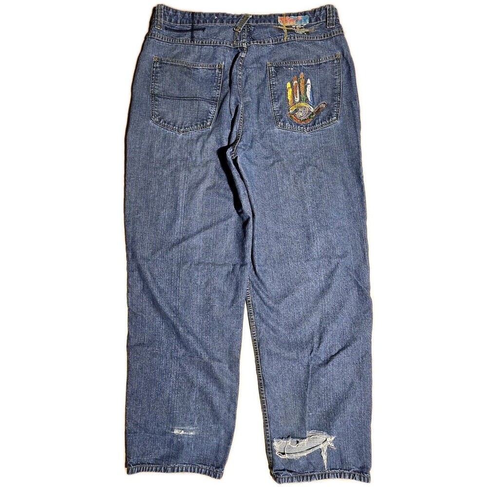 RARE Vintage Miskeen REVERSIBLE Jeans Mens 40 Hand Print Embroidered Y2K Hip Hop